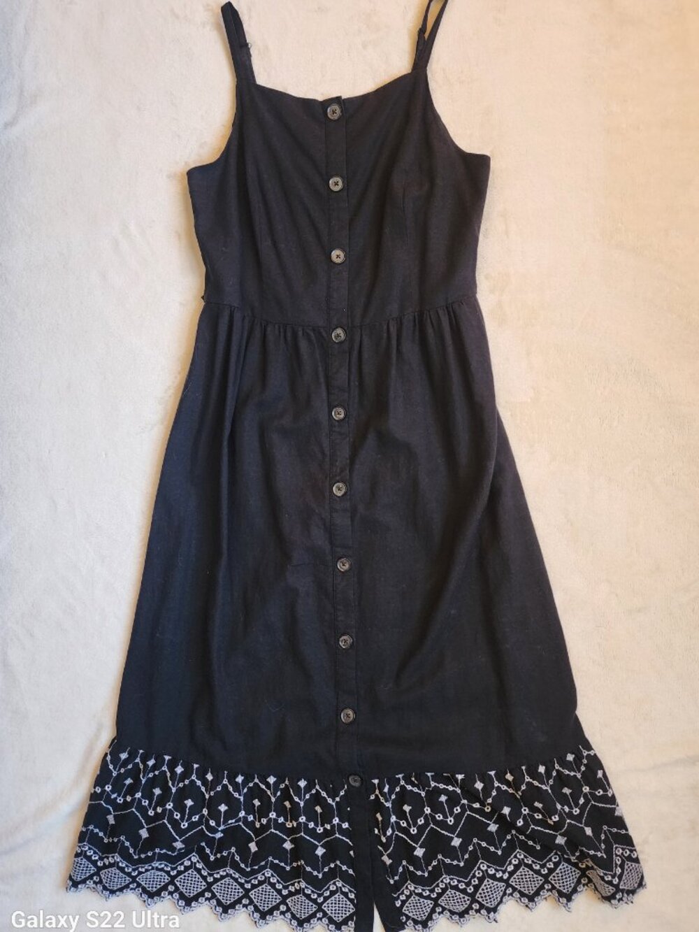 Black Button Front Midi Dress with Embroidered Hem Cotton Linen